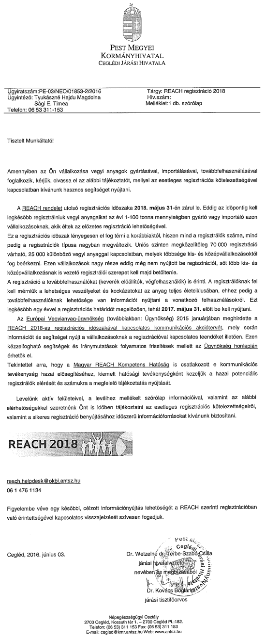 REACH regisztráció 2018