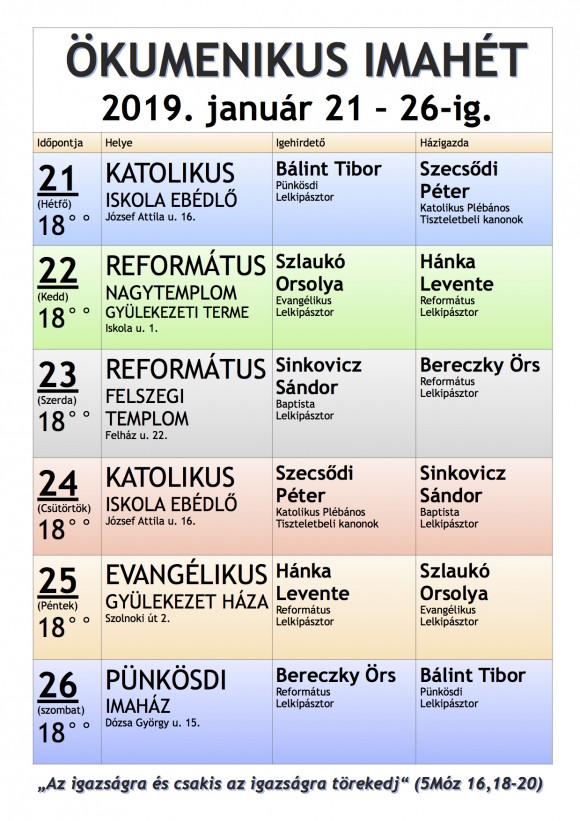 ÖKUMENIKUS IMAHÉT 2019. január 21-26-ig