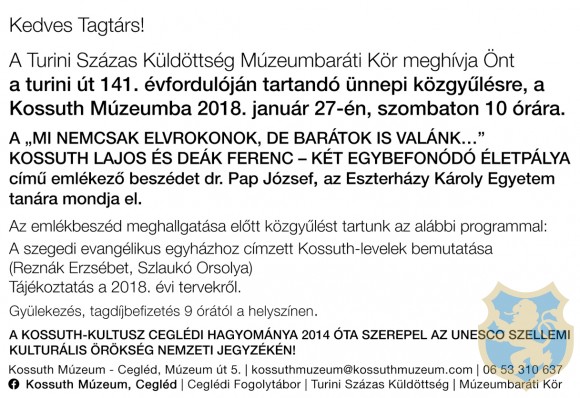 Meghívó a turini út 141. évfordulóján tartandó ünnepi közgyűlésre