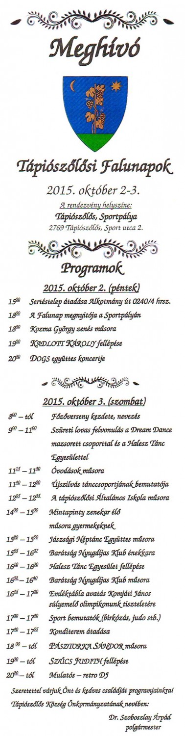 Tápiószőlősi Falunapok 2015. október 2-3.