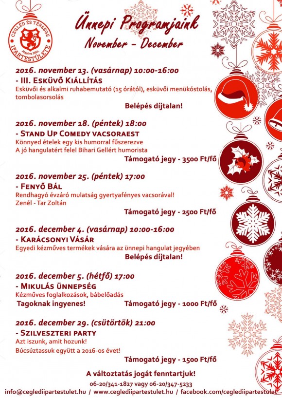 CEGLÉD ÉS TÉRSÉGE IPARTESTÜLET 2016 NOVEMBER-DECEMBERI PROGRAMJAI
